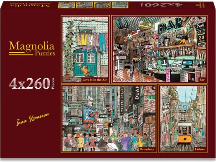 Puzzle Magnolia amor en el aire, bar retro, Broadway y callejuelas de Lisboa 4×260 piezas