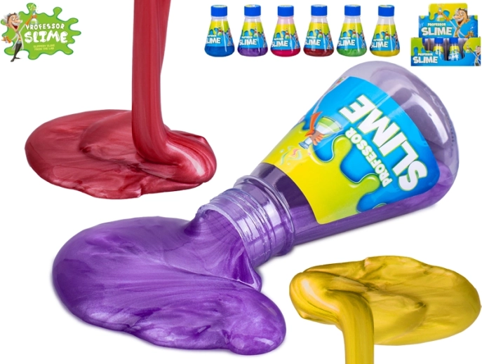 Professor Slime: slime con brillo metálico en botella de laboratorio