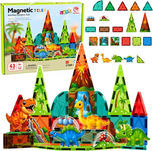 Piezas de construcción magnéticas de dinosaurios – volcán, set de colores 43 piezas