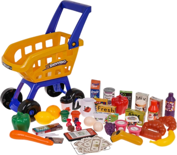 Gran carrito de compras y montón de alimentos