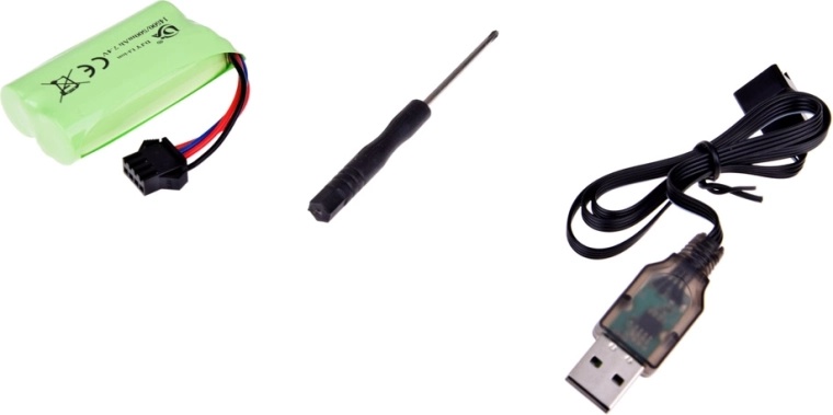 Batería recargable 7,4 V y cable USB incluidos en el paquete