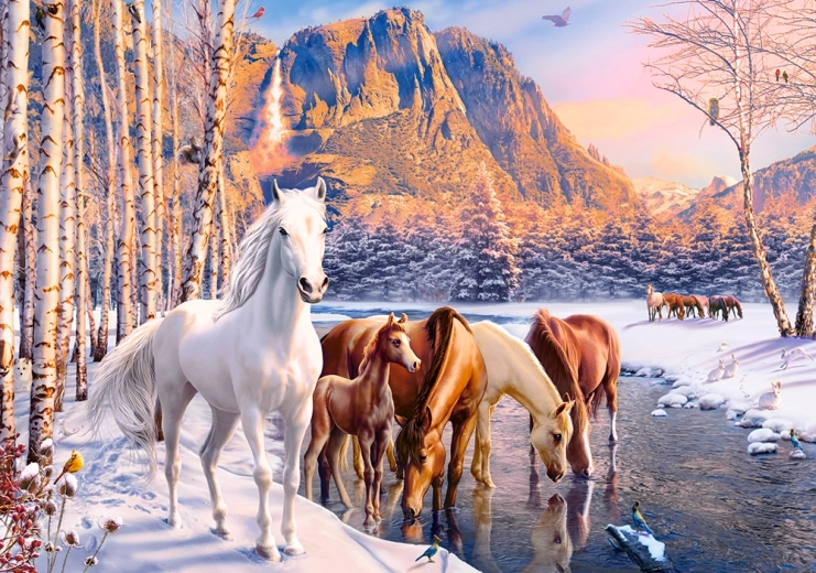 Mágico motivo invernal con caballos