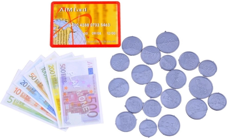 Cajón de efectivo, tarjeta y monedas en euros