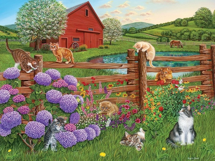 Divertido motivo de gatos en la granja