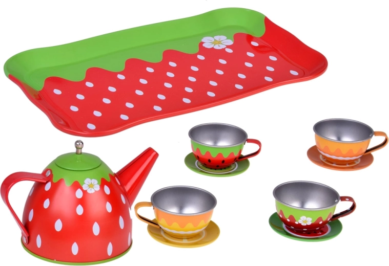 Juego de té metálico con motivo de fresa