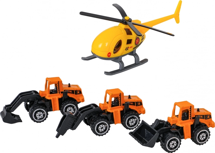 3 vehículos de construcción metálicos y helicóptero