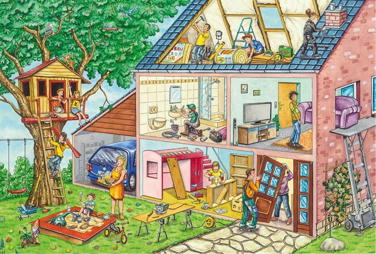 Motivo variado de casa y casita en el árbol