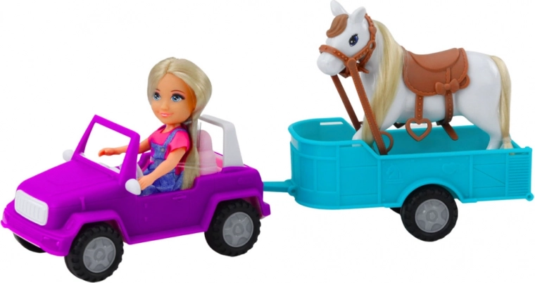 Set completo: muñeca, caballo, coche y remolque