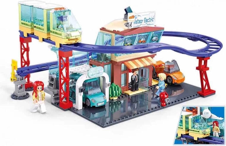 Set de construcción futurista de tienda de vehículos eléctricos