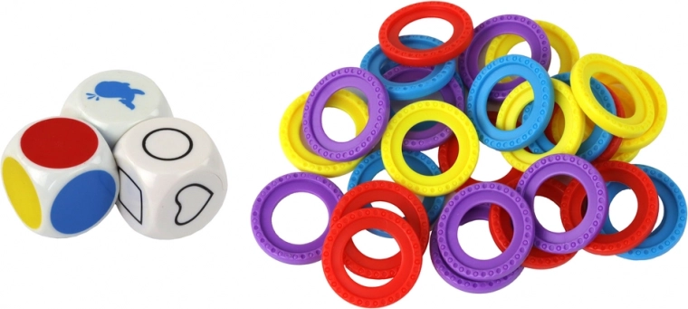 Aros de colores y 3 dados para diversión sin fin