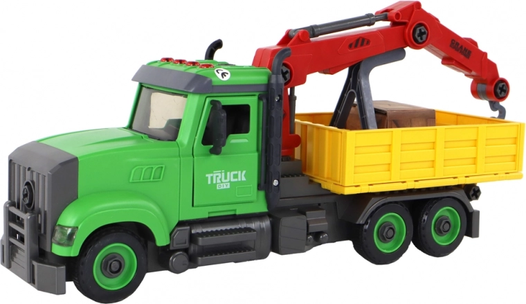 Grúa móvil, caja basculante y puertas que se abren
