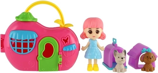 Muñeca y dos mascotitas con accesorios