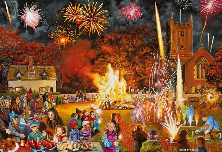 Hoguera y fuegos artificiales bajo las estrellas