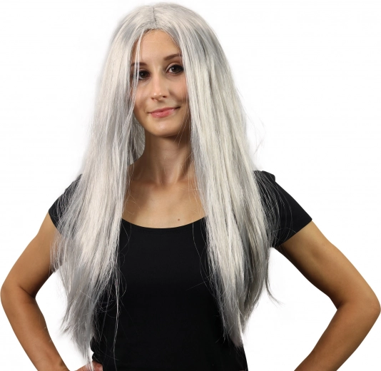 Cabello gris largo y liso para un aspecto auténtico