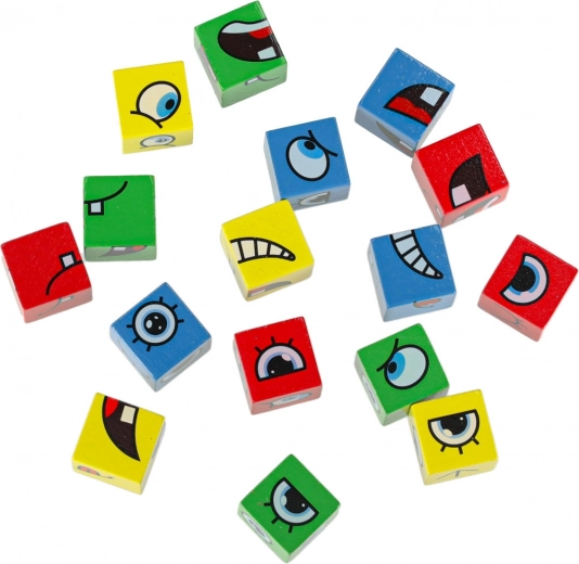Cubos de madera de colores con ojos y boca