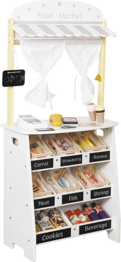 Puesto de tienda con compartimentos y pizarras