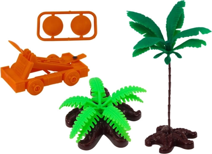 Catapulta, palmeras y figuras para escenarios de acción