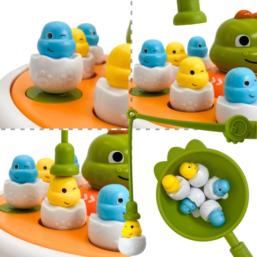 Pesca magnética con dino‑pollitos