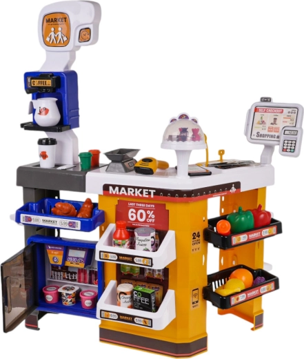 Zona de caja completa con nevera y rincón de café