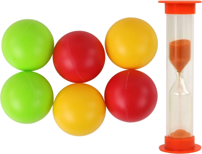 Pelotas y reloj de arena en el paquete
