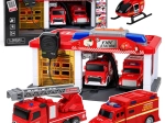 Estación de bomberos con garaje, vehículos, helicóptero y walkie-talkie