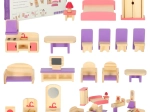 Muebles de madera para casa de muñecas morados, 19 piezas