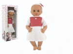 Muñeca Hamiro parpadeante 50 cm con cuerpo rígido y vestido blanco con lunares rojos