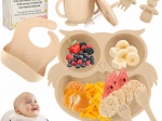 Juego de comedor de silicona para niños con motivo de búho, 8 piezas, beige